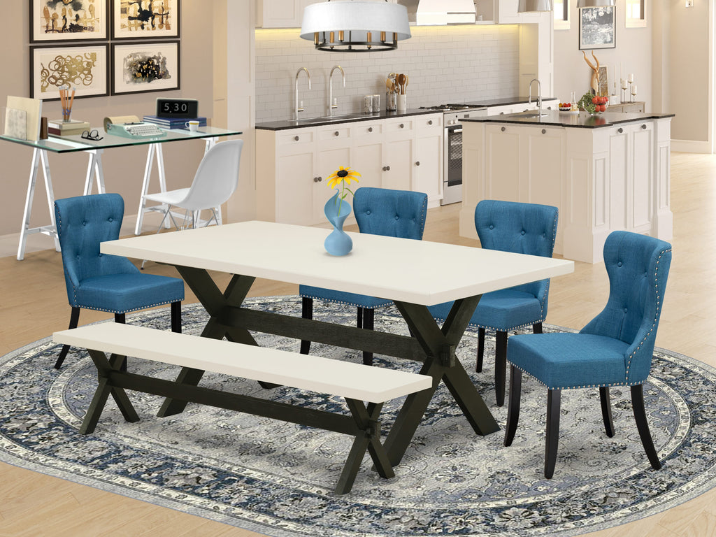 East West Furniture X627SI121-6 6 Piece Kitchen Table & Chairs Set Contains a Rectangle Wooden Table and 4 Blue Linen Fabric Parson Chairs with a Bench