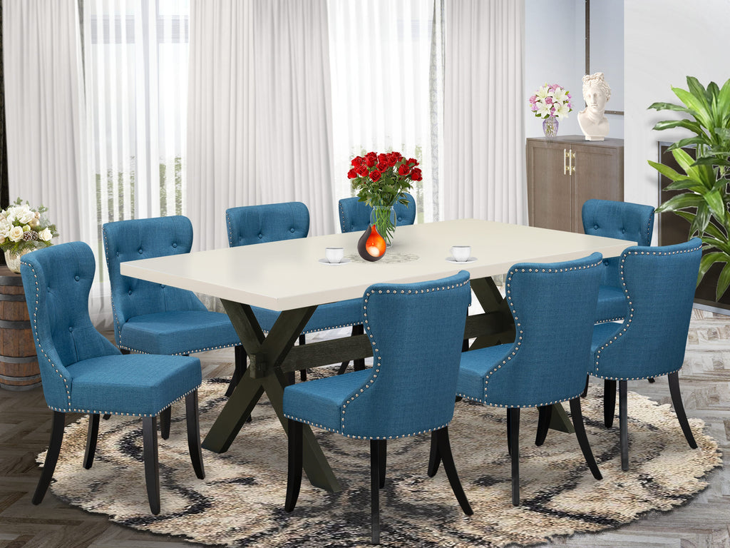 East West Furniture X627SI121-9 9 Piece Dining Table Set Includes a Rectangle Dining Room Table with X-Legs and 8 Blue Linen Fabric Upholstered Parson Chairs