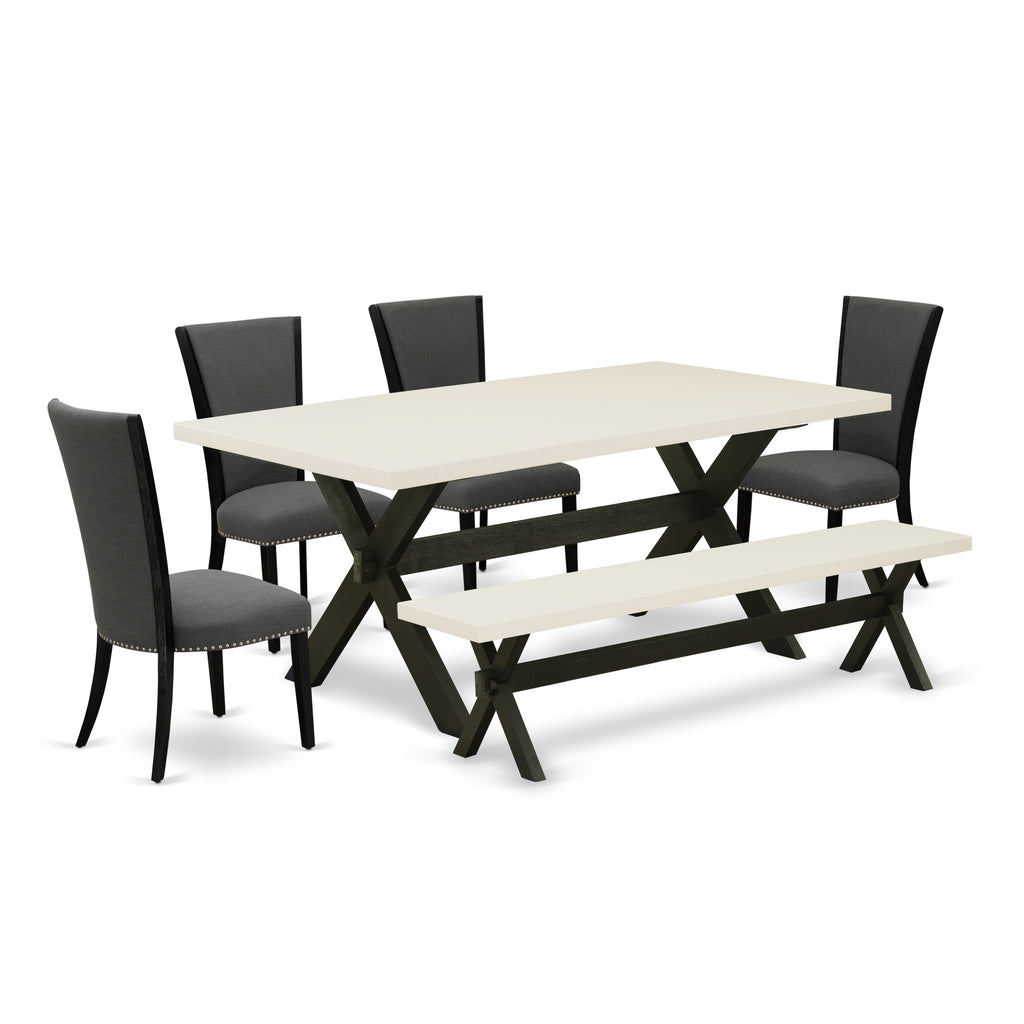 East West Furniture X627VE650-6 6 Piece Dining Set Contains a Rectangle Dining Room Table with X-Legs and 4 Dark Gotham Linen Fabric Upholstered Chairs with a Bench