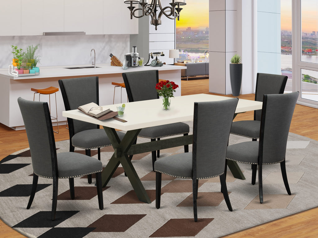 X627VE650-7 7Pc Dining Room Set - 40x72 Rectangular Table and 6 Parson Chairs - Wirebrushed Black & Linen White Color