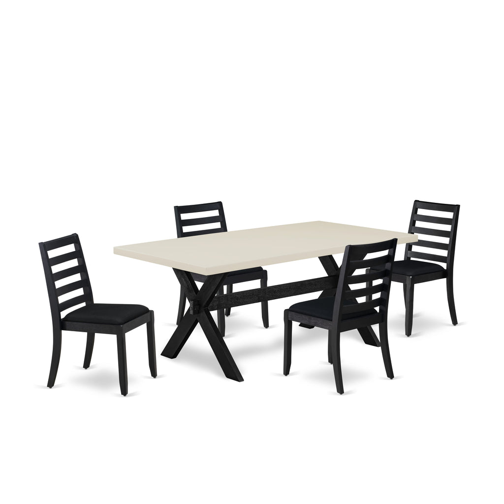 East West Furniture X627X1624-5 - 5-piece modern dining set consists of a kitchen table with Linen White top and 4 stackable chairs with Black Linen Fabric - Wire-brushed Black