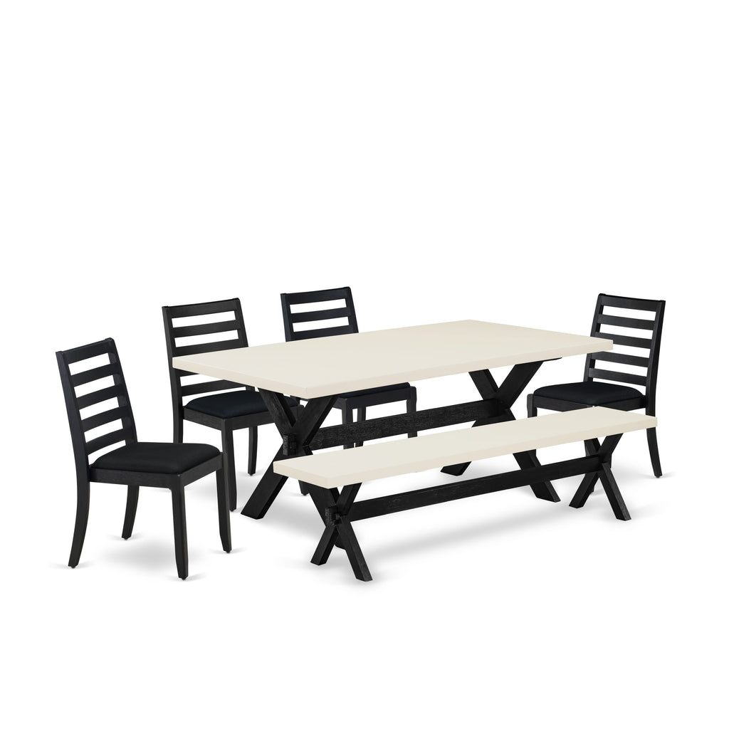 East West Furniture X627X1624-6 - 6-piece kitchen table set consists of a dinner table and a bench with Linen White top and 4 stackable chairs with Black Linen Fabric - Wire-brushed Black