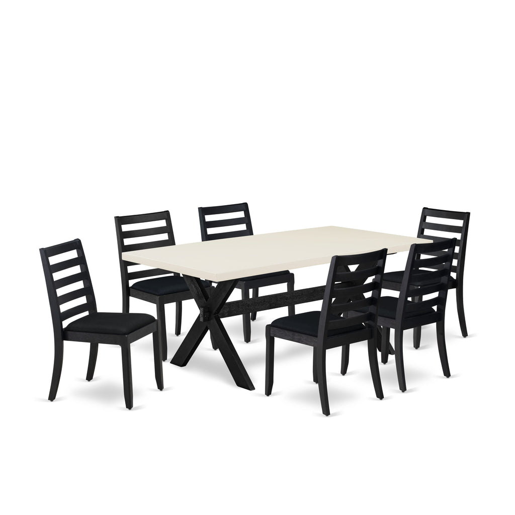 East West Furniture X627X1624-7 - 7-piece dining set consists of a wooden table with Linen White top and 6 stackable chairs with Black Linen Fabric - Wire-brushed Black