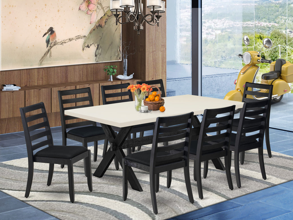 East West Furniture X627X1624-9 - 9-piece dining table set consists of a breakfast table with Linen White top and 8 stackable kitchen chairs with Black Linen Fabric - Wire-brushed Black