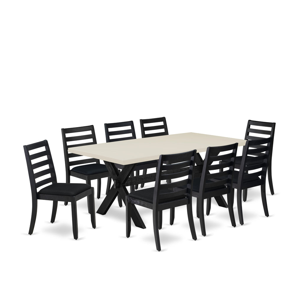 East West Furniture X627X1624-9 - 9-piece dining table set consists of a breakfast table with Linen White top and 8 stackable kitchen chairs with Black Linen Fabric - Wire-brushed Black