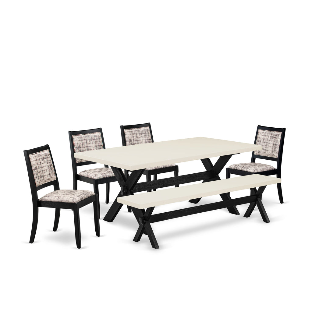 East West Furniture X627X2630-6 - 6-piece dining set consists of a kitchen table and a bench with Linen White top and 4 stackable chairs with White and Gray Pattern Faux Leather - Wire-brushed Black