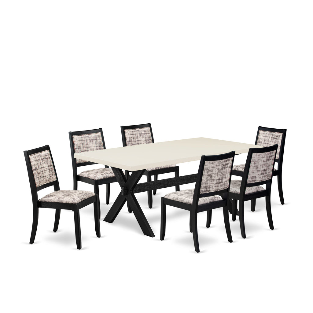 East West Furniture X627X2630-7 - 7-piece dining room set consists of a dinner table with Linen White top and 6 stackable chairs with White and Gray Pattern Faux Leather - Wire-brushed Black