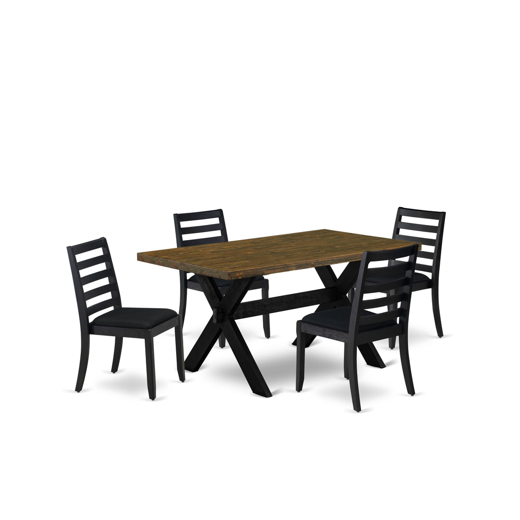 East West Furniture X676X1624-5 - 5-piece dining set consists of a dinner table with Distressed Jacobean top and 4 stackable kitchen chairs with Black Linen Fabric - Wire-brushed Black