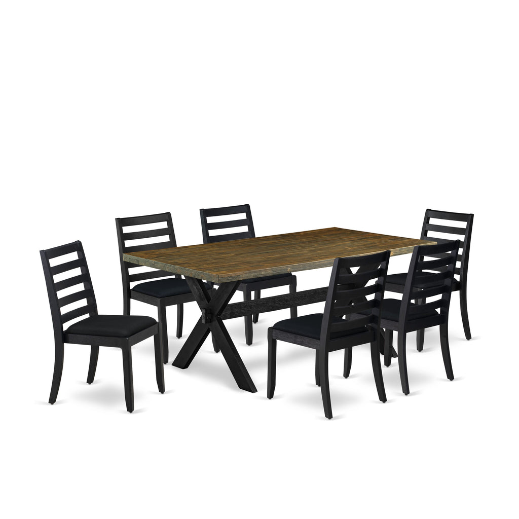 East West Furniture X677X1624-7 - 7-piece dining room set consists of a wooden table with Distressed Jacobean top and 6 stackable dining chairs with Black Linen Fabric- Wire-brushed Black