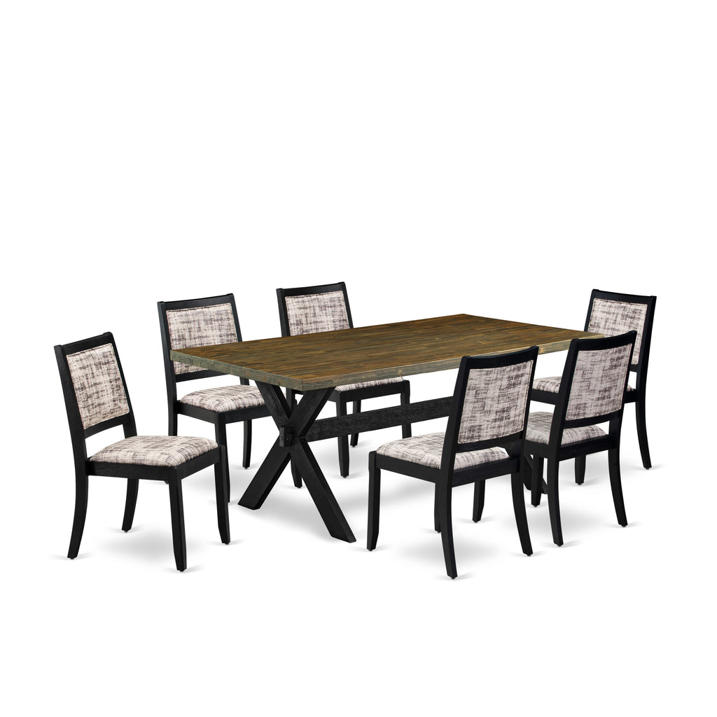 East West Furniture X677X2630-7 - 7-piece kitchen table set consists of a wooden table with Distressed Jacobean top and 6 stackable chairs with White and Gray Pattern Faux Leather - Wire-brushed Black