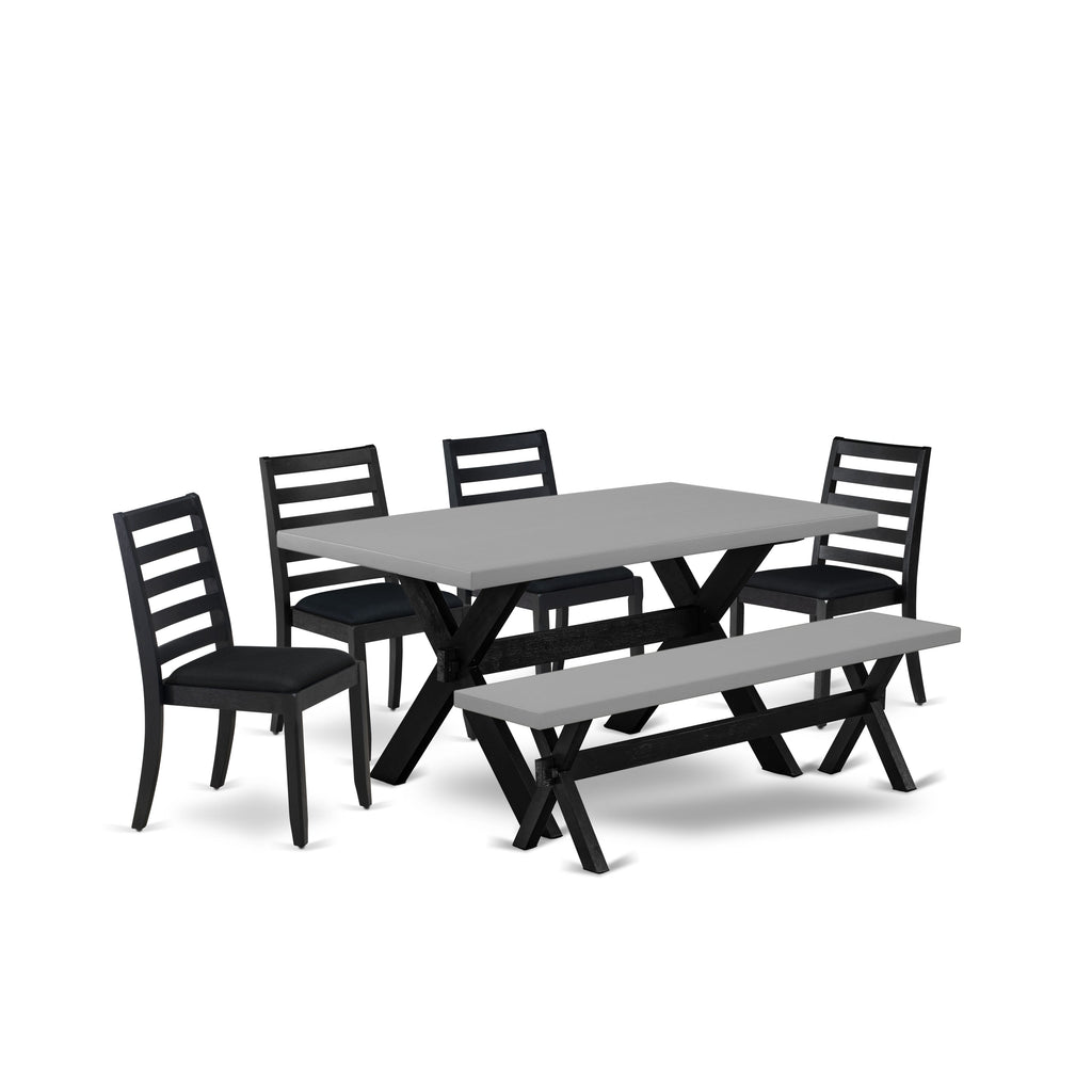 East West Furniture X696X1624-6 - 6-piece mid century kitchen set consists of a wooden table and a bench with Cement top and 4 stackable kitchen chairs with Black Linen Fabric - Wire-brushed Black