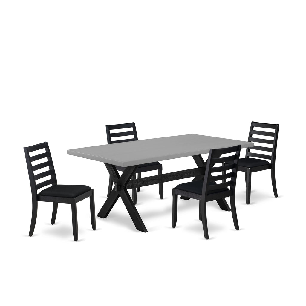 East West Furniture X697X1624-5 - 5-piece kitchen dining set consists of a wooden table with Cement top and 4 stackable chairs with Black Linen Fabric - Wire-brushed Black