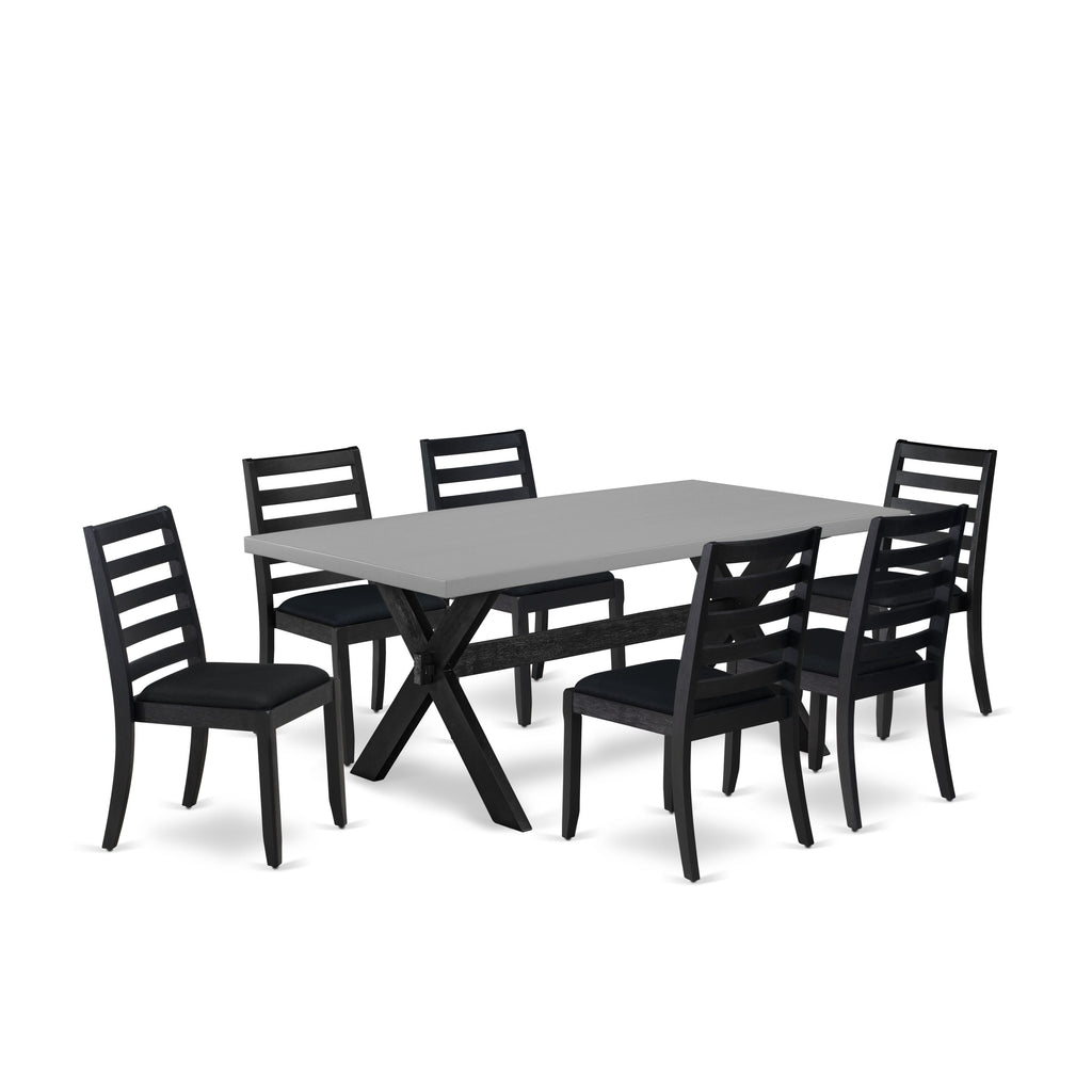 East West Furniture X697X1624-7 - 7-piece kitchen table set consists of a wooden table with Cement top and 6 stackable kitchen chairs with Black Linen Fabric - Wire-brushed Black