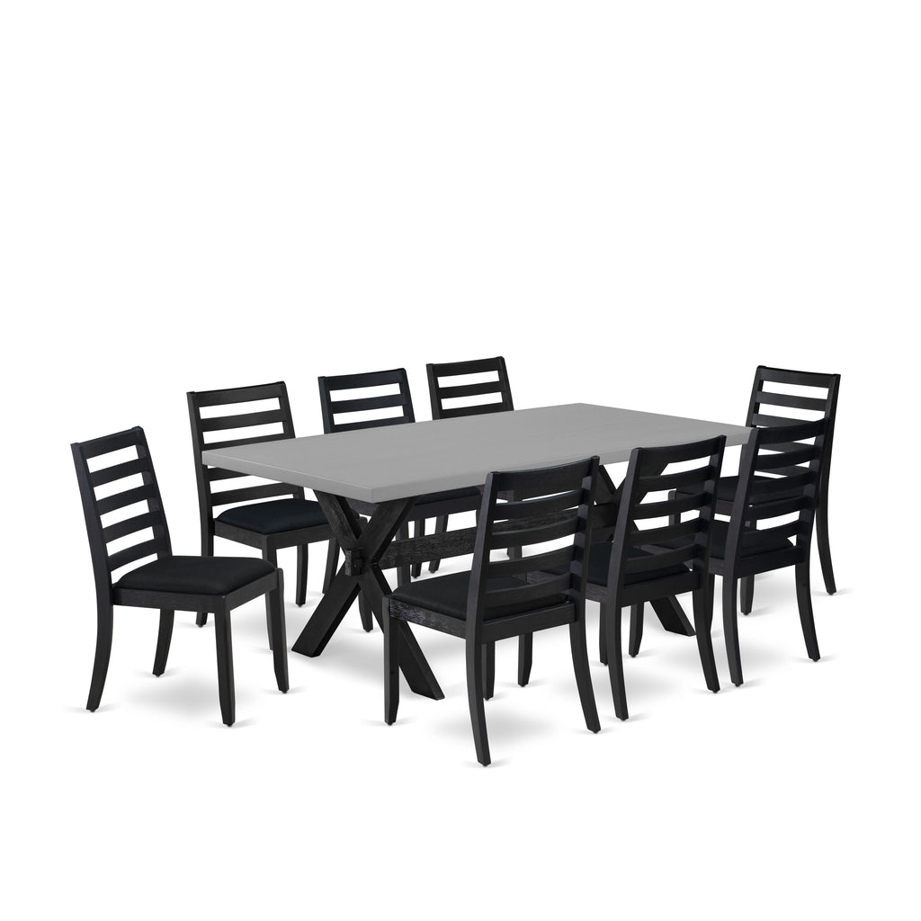 East West Furniture X697X1624-9- 9-piece dining table set consists of a dinner table with Cement top and 8 stackable dining chairs with Black Linen Fabric - Wire-brushed Black