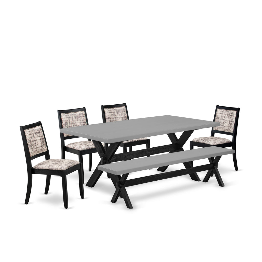 East West Furniture X697X2630-6 - 6-piece dining set consists of a dinner table and a bench with Cement top and 4 stackable chairs with White and Gray Pattern Faux Leather - Wire-brushed Black