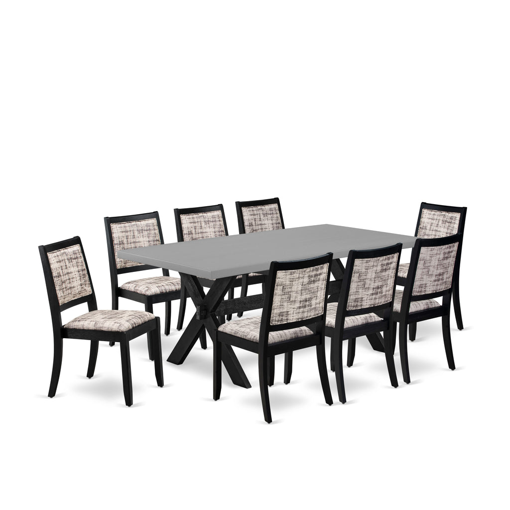 East West Furniture X697X2630-9 - 9-piece modern dining set consists of a dining table with Cement top and 8 stackable chairs with White and Gray Pattern Faux Leather - Wire-brushed Black