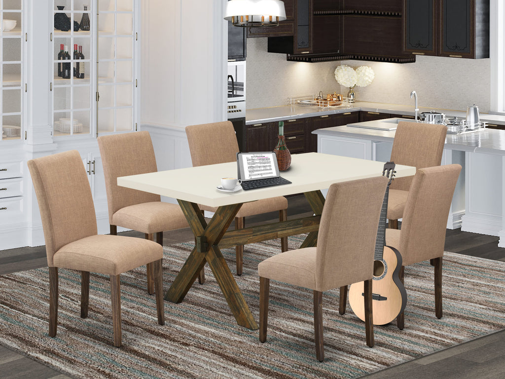 East West Furniture X726AB747-7 7 Piece Modern Dining Table Set Consist of a Rectangle Wooden Table with X-Legs and 6 Light Sable Linen Fabric Parsons Dining Chairs