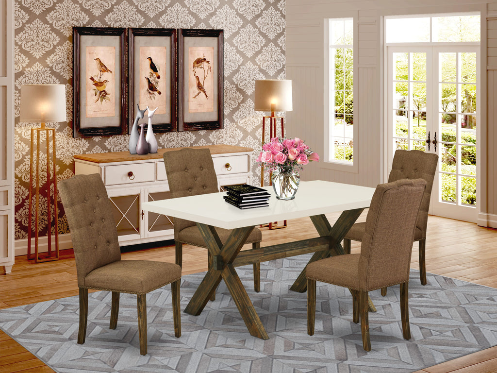 East West Furniture X726EL718-5 5 Piece Dining Set Includes a Rectangle Dining Room Table with X-Legs and 4 Brown Linen Linen Fabric Upholstered Chairs