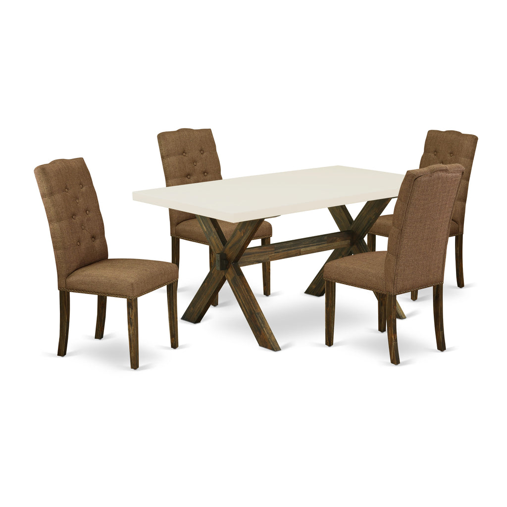 East West Furniture X726EL718-5 5 Piece Dining Set Includes a Rectangle Dining Room Table with X-Legs and 4 Brown Linen Linen Fabric Upholstered Chairs