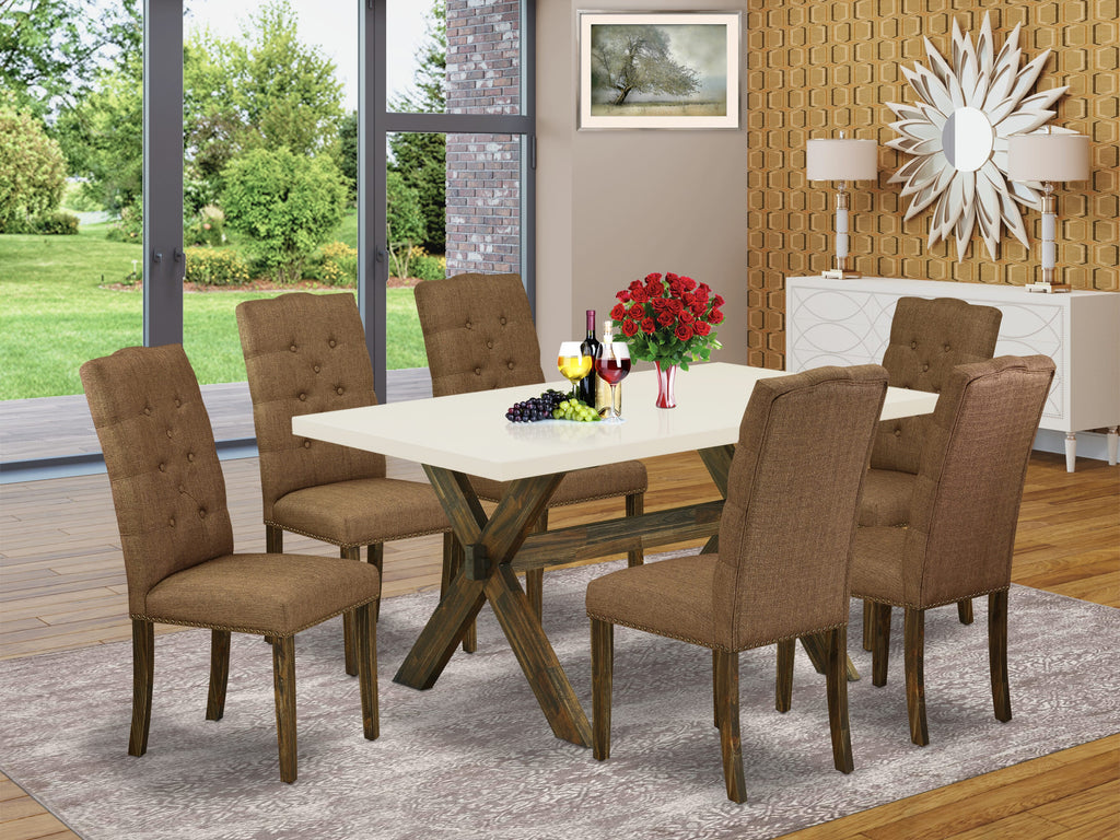 East West Furniture X726EL718-7 7 Piece Dining Set Consist of a Rectangle Dining Room Table with X-Legs and 6 Brown Linen Linen Fabric Upholstered Chairs