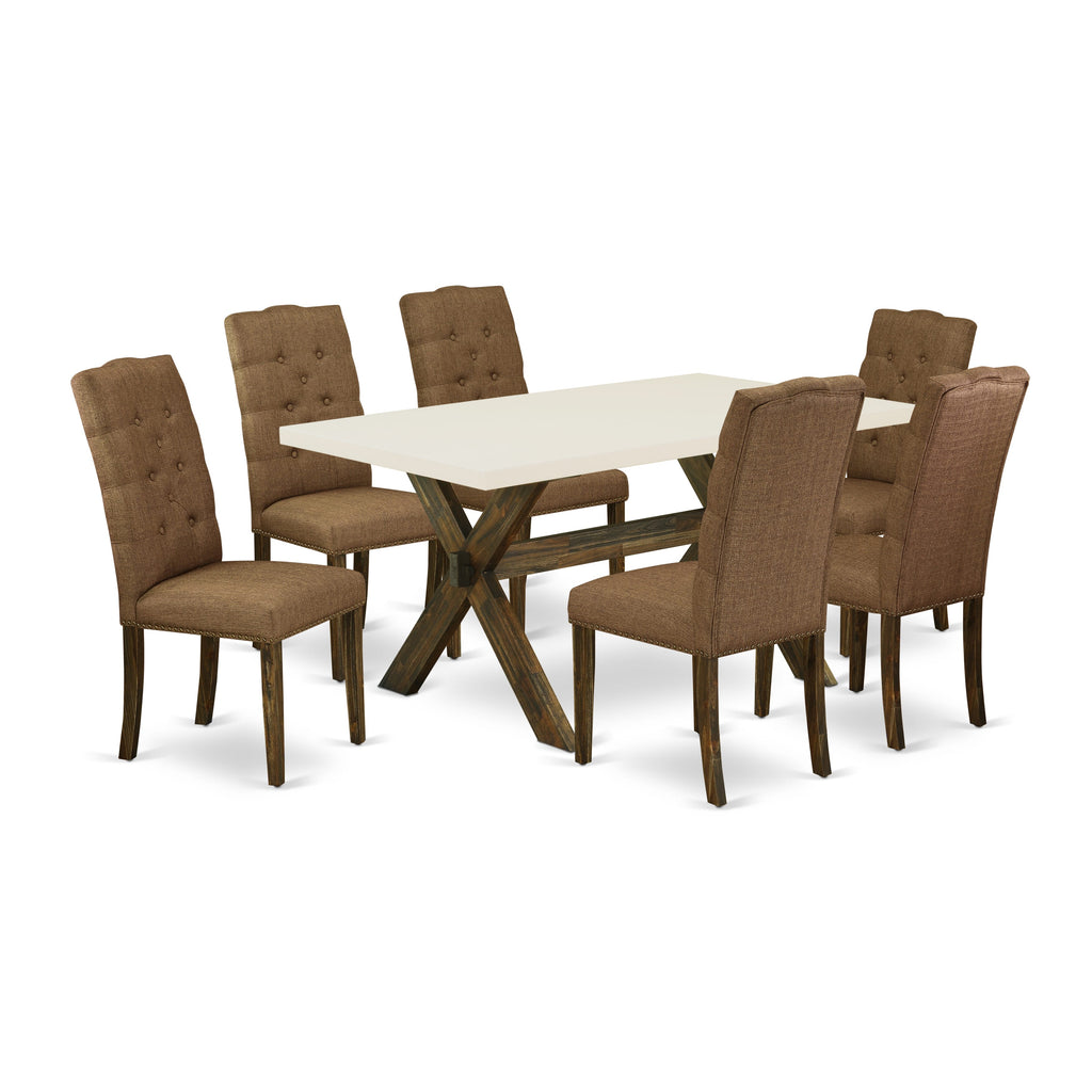 East West Furniture X726EL718-7 7 Piece Dining Set Consist of a Rectangle Dining Room Table with X-Legs and 6 Brown Linen Linen Fabric Upholstered Chairs