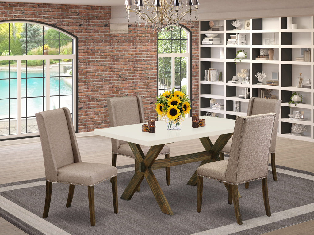 East West Furniture X726FL716-5 5 Piece Dining Table Set for 4 Includes a Rectangle Kitchen Table with X-Legs and 4 Dark Khaki Linen Fabric Parson Dining Chairs