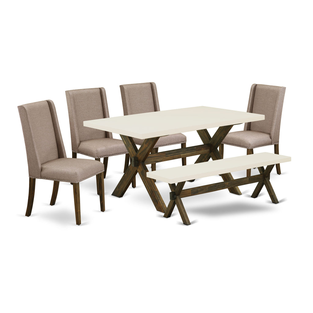 East West Furniture X726FL716-6 6 Piece Dining Table Set Contains a Rectangle Kitchen Table with X-Legs and 4 Dark Khaki Linen Fabric Parson Chairs with a Bench