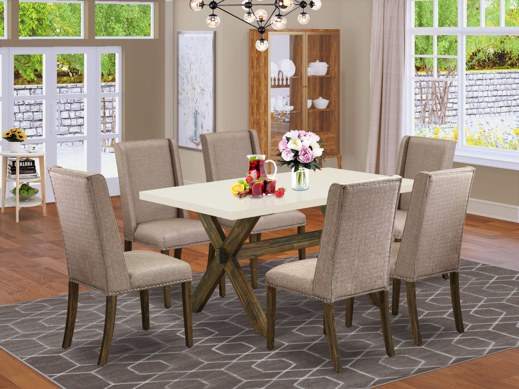 East West Furniture X726FL716-7 7 Piece Dining Room Table Set Consist of a Rectangle Dining Table with X-Legs and 6 Dark Khaki Linen Fabric Upholstered Chairs