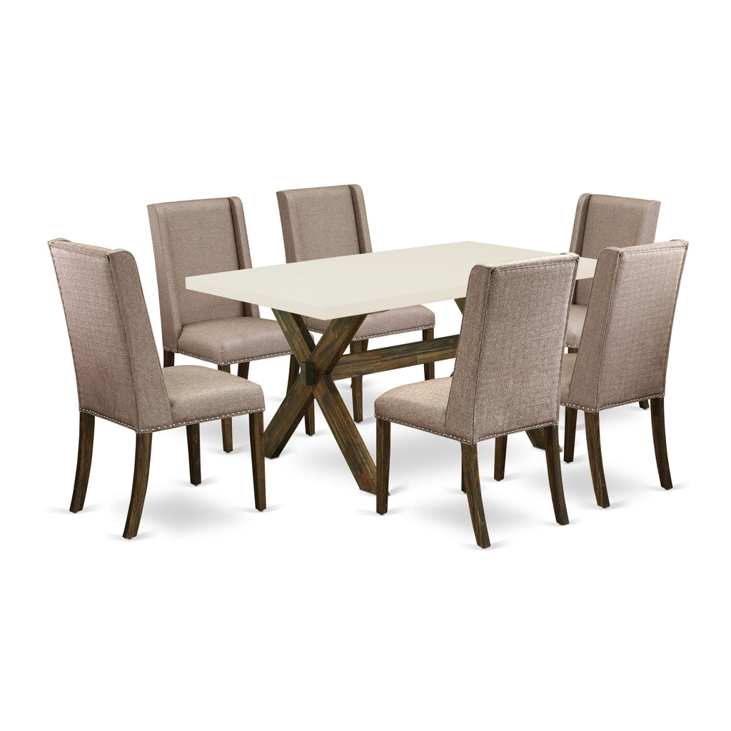 East West Furniture X726FL716-7 7 Piece Dining Room Table Set Consist of a Rectangle Dining Table with X-Legs and 6 Dark Khaki Linen Fabric Upholstered Chairs