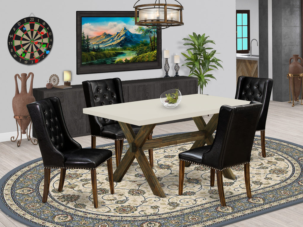 East West Furniture X726FO749-5 5 Piece Modern Dining Table Set Includes a Rectangle Wooden Table with X-Legs and 4 Black Faux Leather Upholstered Chairs