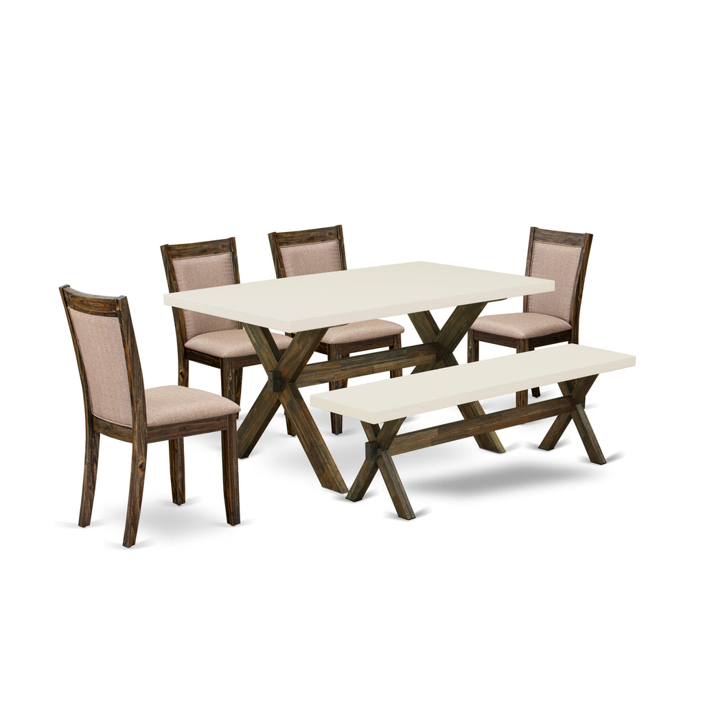 East West Furniture X726MZ716-6 6 Piece Dining Set Contains a Rectangle Dining Room Table with X-Legs and 4 Dark Khaki Linen Fabric Parson Chairs with a Bench