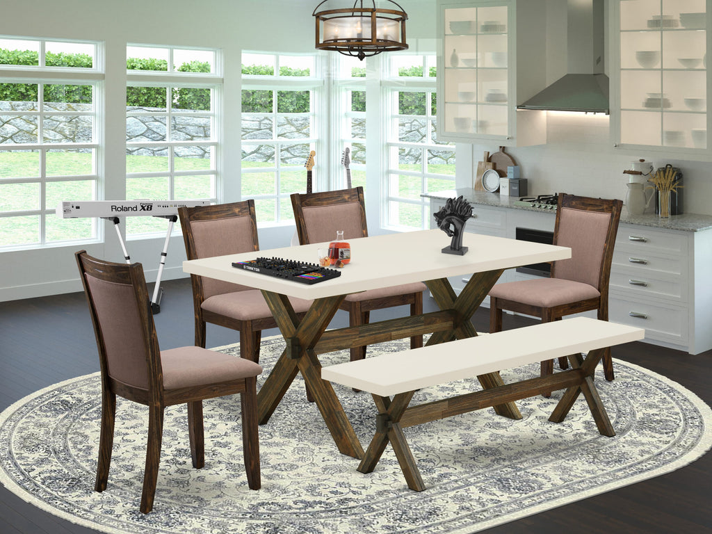 East West Furniture X726MZ748-6 6 Piece Dining Table Set Contains a Rectangle Table with X-Legs and 4 Coffee Linen Fabric Upholstered Chairs with a Bench