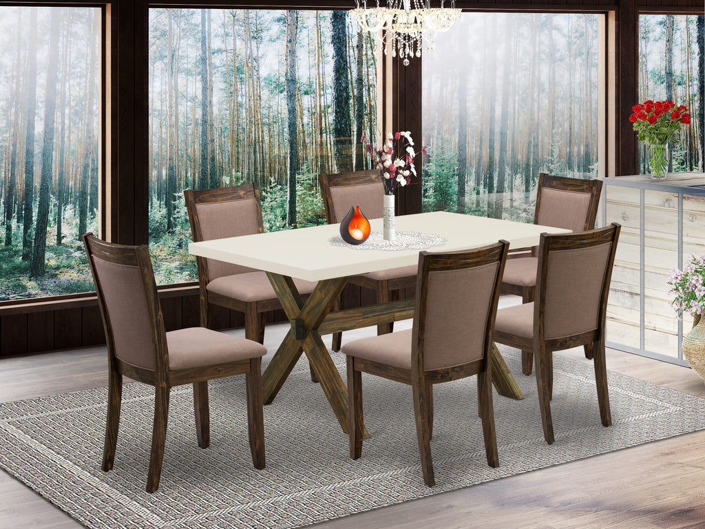 East West Furniture X726MZ748-7 7 Piece Dinette Set Consist of a Rectangle Dining Room Table with X-Legs and 6 Coffee Linen Fabric Parsons Dining Chairs