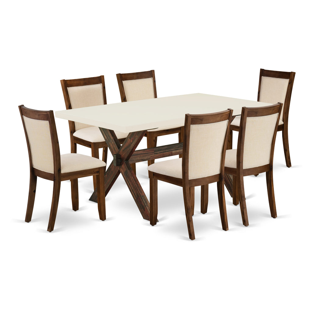 East West Furniture X726MZN32-7 7 Piece Dining Room Table Set Consist of a Rectangle Dining Table with X-Legs and 6 Light Beige Linen Fabric Upholstered Chairs