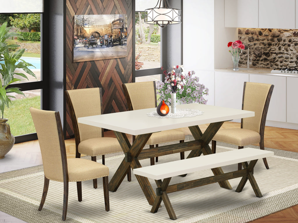 East West Furniture X726VE703-6 6 Piece Kitchen Table Set Contains a Rectangle Dining Table with X-Legs and 4 Brown Linen Fabric Parson Chairs with a Bench