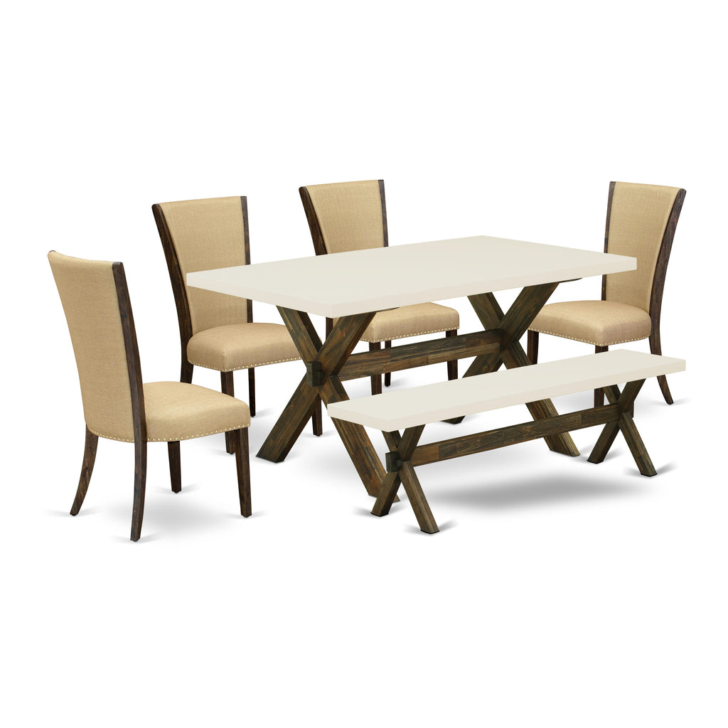 East West Furniture X726VE703-6 6 Piece Kitchen Table Set Contains a Rectangle Dining Table with X-Legs and 4 Brown Linen Fabric Parson Chairs with a Bench