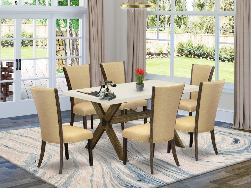 East West Furniture X726VE703-7 7 Piece Kitchen Table Set Consist of a Rectangle Dining Table with X-Legs and 6 Brown Linen Fabric Parsons Dining Chairs