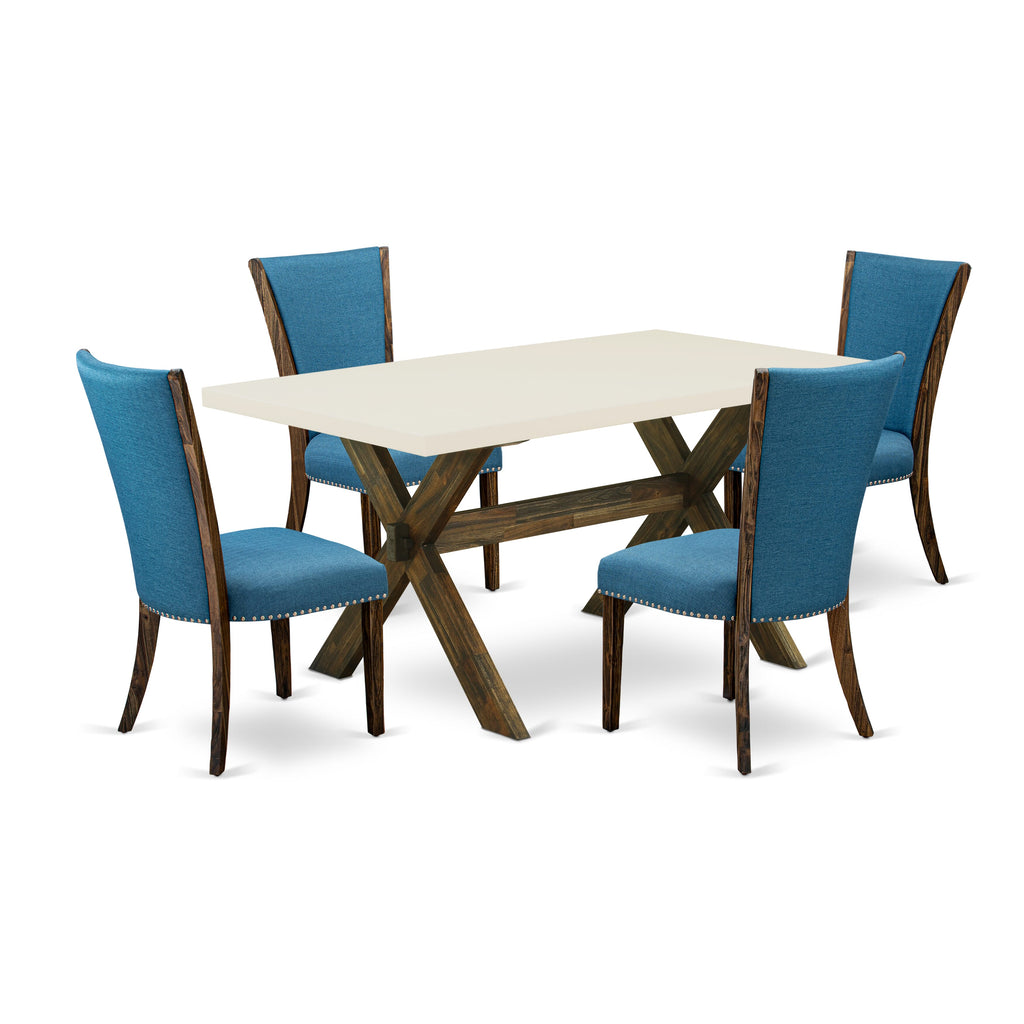 East West Furniture X726VE721-5 5 Piece Dining Set Includes a Rectangle Dining Room Table with X-Legs and 4 Blue Color Linen Fabric Upholstered Parson Chairs