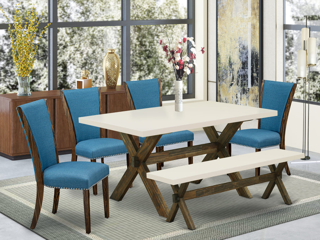 East West Furniture X726VE721-6 6 Piece Dining Table Set Contains a Rectangle Dining Room Table and 4 Blue Color Linen Fabric Upholstered Chairs with a Bench