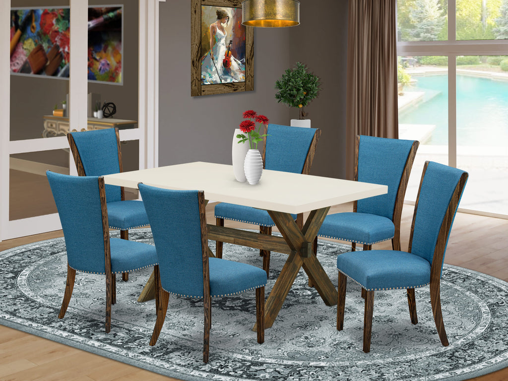 East West Furniture X726VE721-7 7 Piece Dinette Set Consist of a Rectangle Dining Room Table with X-Legs and 6 Blue Color Linen Fabric Parson Dining Chairs