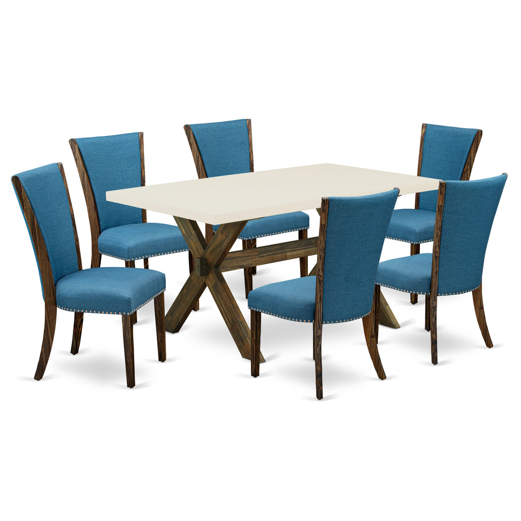 East West Furniture X726VE721-7 7 Piece Dinette Set Consist of a Rectangle Dining Room Table with X-Legs and 6 Blue Color Linen Fabric Parson Dining Chairs