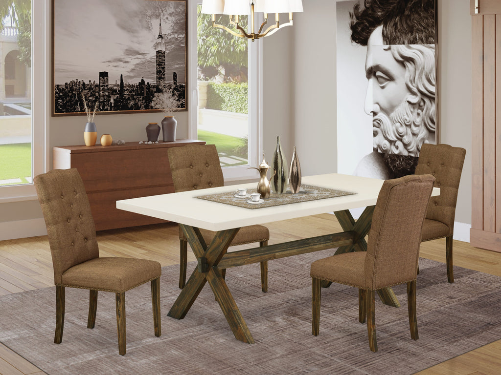 East West Furniture X727EL718-5 5 Piece Dinette Set for 4 Includes a Rectangle Dining Room Table with X-Legs and 4 Brown Linen Linen Fabric Parson Dining Chairs