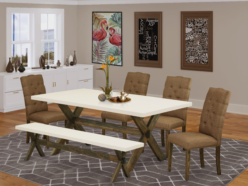 East West Furniture X727EL718-6 6 Piece Dinette Set Contains a Rectangle Dining Table with X-Legs and 4 Brown Linen Linen Fabric Parson Chairs with a Bench