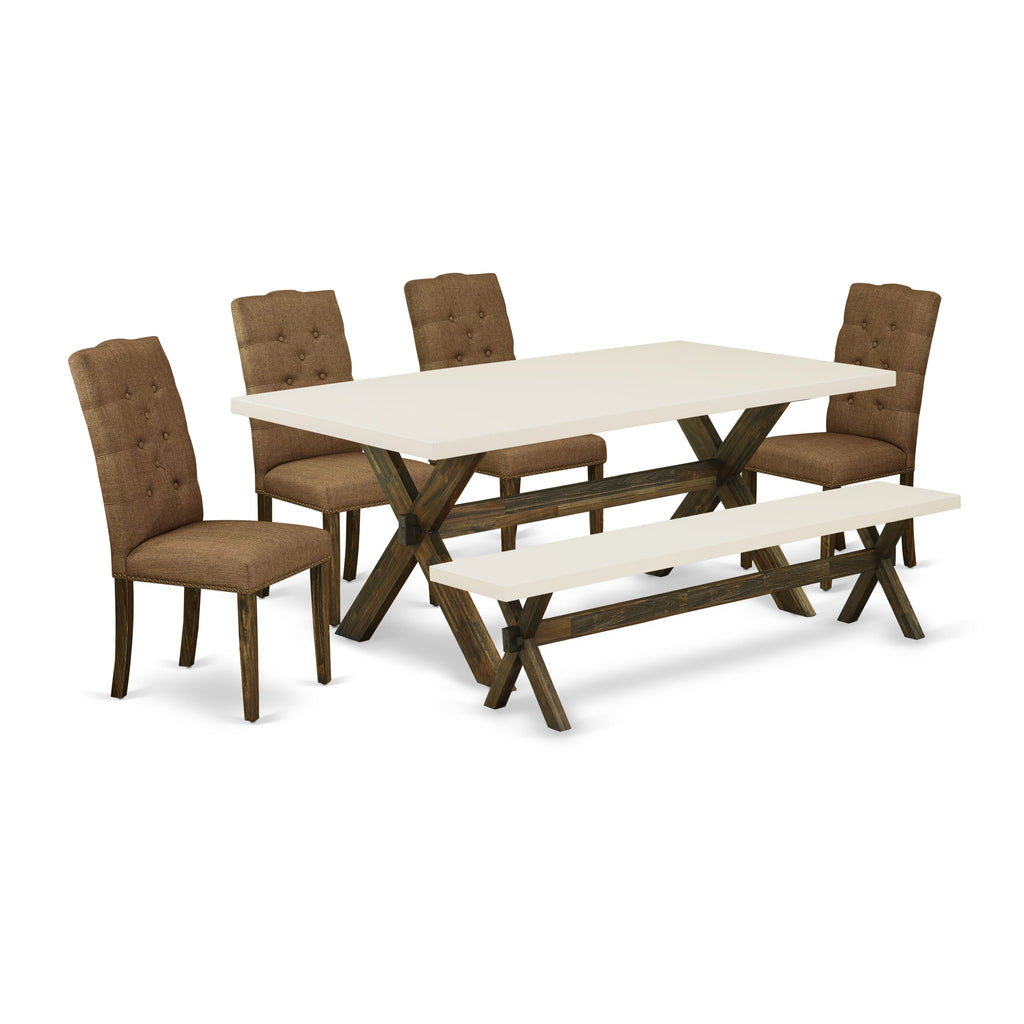 East West Furniture X727EL718-6 6 Piece Dinette Set Contains a Rectangle Dining Table with X-Legs and 4 Brown Linen Linen Fabric Parson Chairs with a Bench