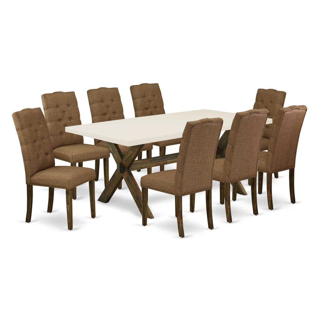 East West Furniture X727EL718-9 9 Piece Dining Set Includes a Rectangle Dining Room Table with X-Legs and 8 Brown Linen Linen Fabric Upholstered Parson Chairs