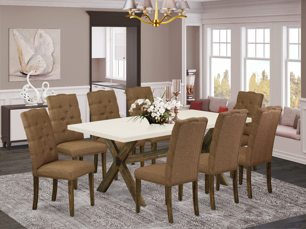 East West Furniture X727EL718-9 9 Piece Dining Set Includes a Rectangle Dining Room Table with X-Legs and 8 Brown Linen Linen Fabric Upholstered Parson Chairs