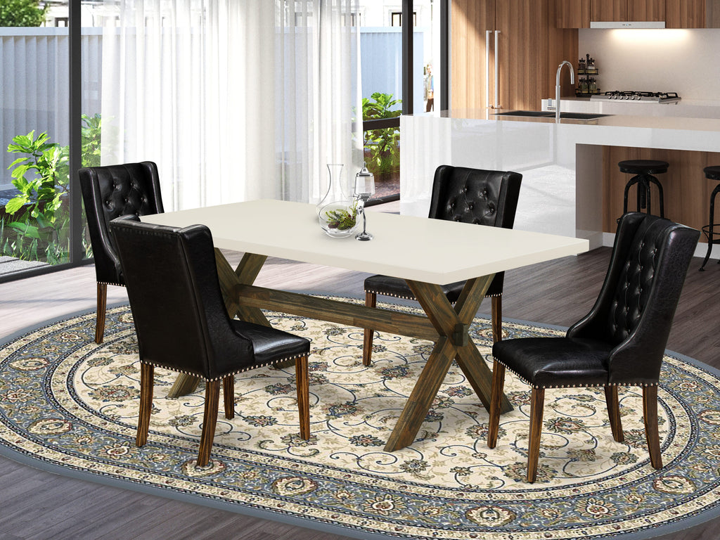 East West Furniture X727FO749-5 5 Piece Modern Dining Table Set Includes a Rectangle Wooden Table with X-Legs and 4 Black Faux Leather Parson Dining Chairs