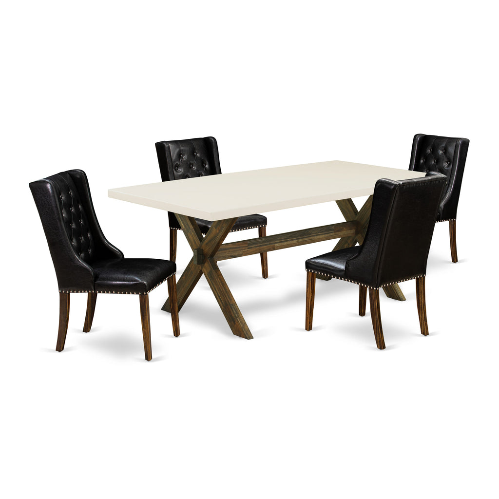 East West Furniture X727FO749-5 5 Piece Modern Dining Table Set Includes a Rectangle Wooden Table with X-Legs and 4 Black Faux Leather Parson Dining Chairs