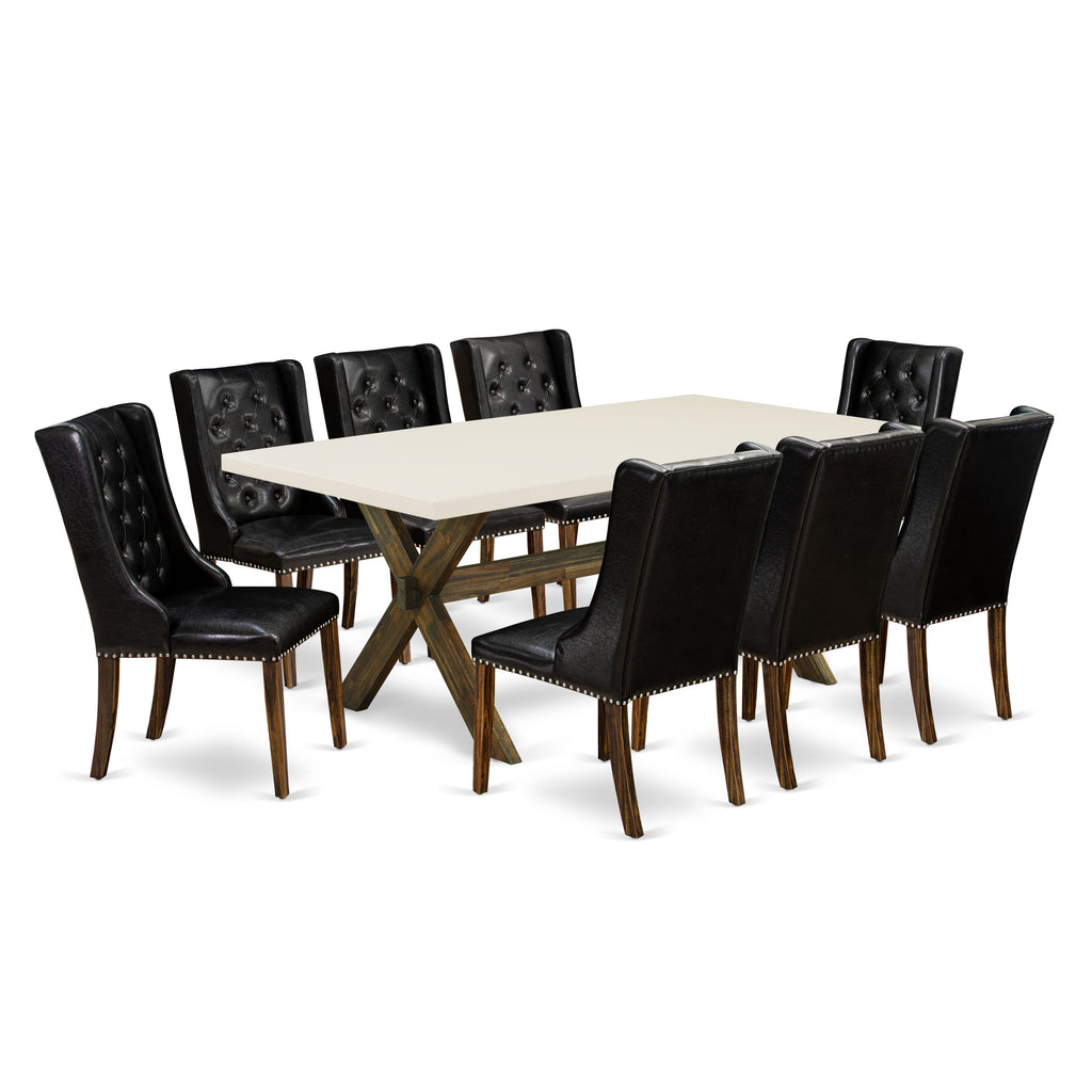 East West Furniture X727FO749-9 9 Piece Dining Room Furniture Set Includes a Rectangle Dining Table with X-Legs and 8 Black Faux Leather Parsons Chairs