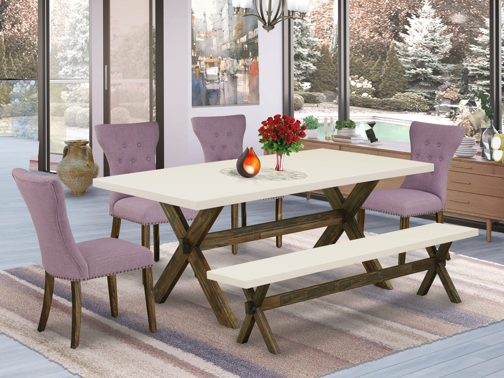 East West Furniture X727GA740-6 6 Piece Dining Set Contains a Rectangle Dining Room Table with X-Legs and 4 Dahlia Linen Fabric Parson Chairs with a Bench